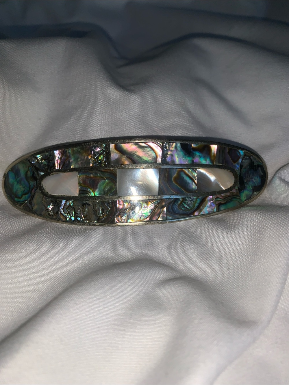 MEXICAN ABALONE SHELL & MOTHER OF PEARL ALPACA SILVER HAIR BARRETTE